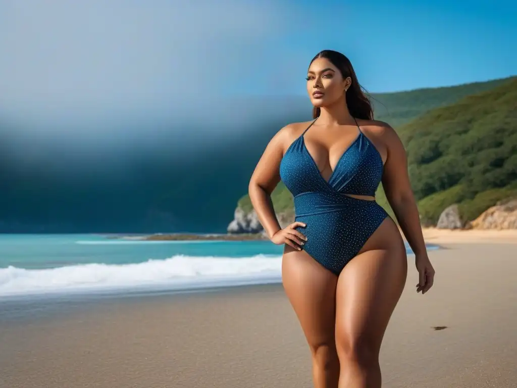 Modelo de tallas grandes empoderada en la playa Modelo plus size confiada en la playa, vistiendo traje de baño trendy que realza su figura