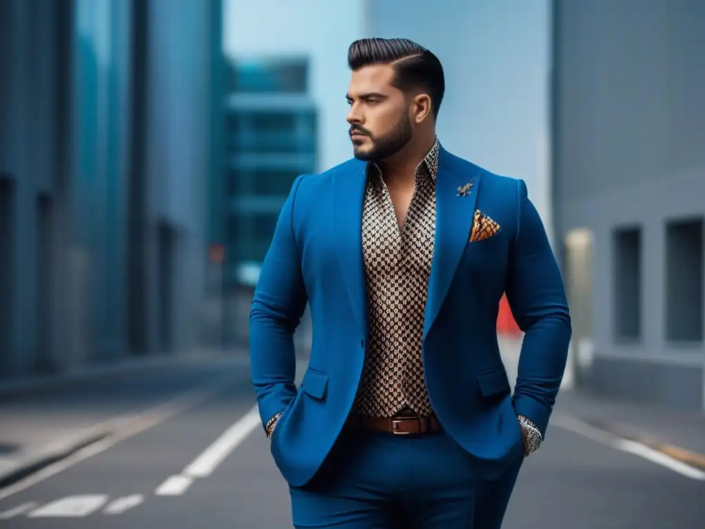 Modelo plus size destaca con estilo urbano y moderno Un modelo plus size luciendo con confianza un atuendo audaz y sofisticado, en una combinación de colores en moda masculina