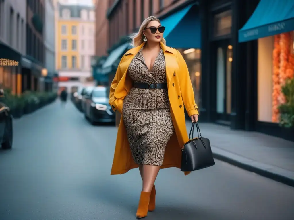 Modelo plussize deslumbrante en outfit de transición urbano Una modelo plus size desfila con confianza por la calle luciendo un elegante y versátil vestuario de transición entre estaciones en un entorno urbano