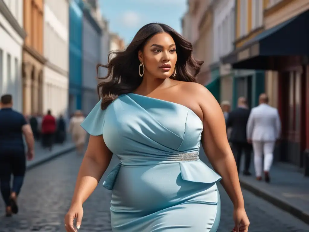Modelo plus size deslumbra con elegancia urbana Una modelo plus size desfila con confianza en una calle urbana, luciendo un elegante atuendo de los mejores tejidos para ropa plus size