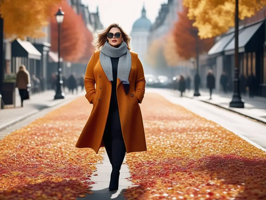 Modelo de tallas grandes deslumbrando en la ciudad con elegancia invernal Una modelo plus size desfila con confianza en la ciudad luciendo un elegante abrigo de invierno y accesorios de moda