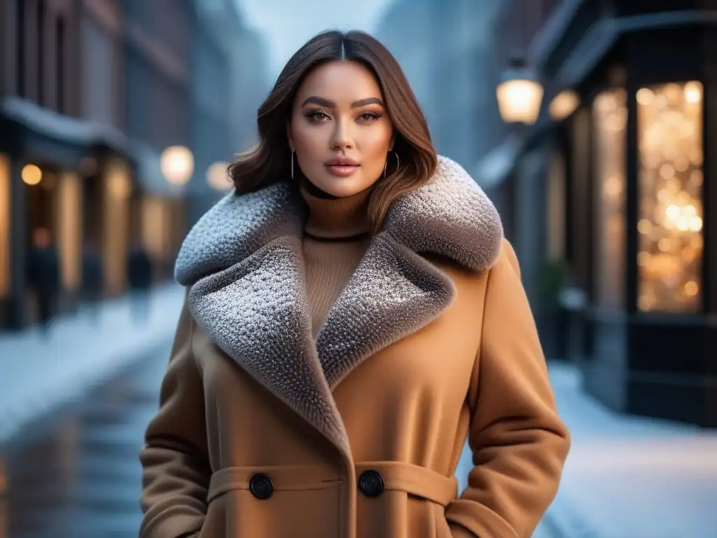 Modelo plus size con abrigo camel y confianza invernal Una modelo plus size camina con confianza por la ciudad en invierno, luciendo un elegante abrigo camel con cuello de piel sintética