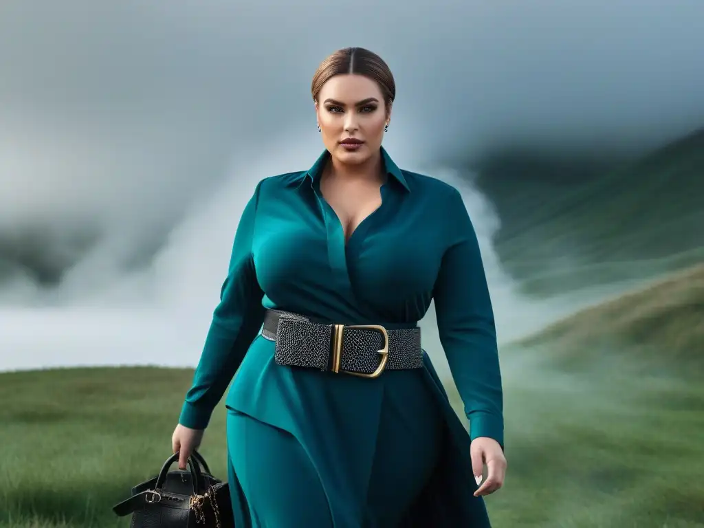 Modelo de tallas grandes luciendo un cinturón chic y moderno con confianza Una modelo plus size luce con confianza un elegante atuendo resaltado por un moderno cinturón