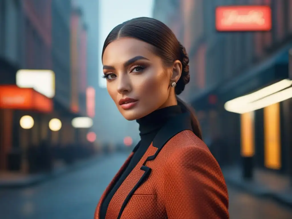Estilo urbano: modelo petite deslumbrante en la ciudad Una modelo petite posa con confianza en un entorno urbano moderno, destacando su estilo único