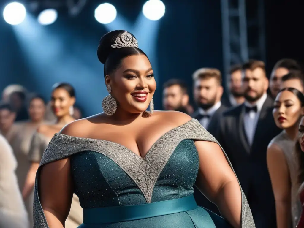 Modelo de tallas grandes desfila con confianza y empoderamiento Una modelo plus size desfila con confianza en la pasarela, rompiendo estereotipos y mostrando autoestima