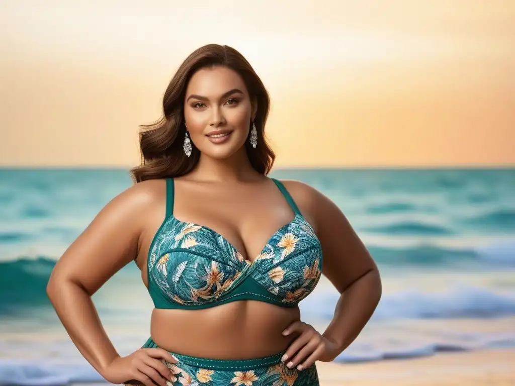 Modelo de tallas grandes en traje de baño trendy en la playa al atardecer Modelo plus size posa con confianza en traje de baño trendy, resaltando diseño y textura