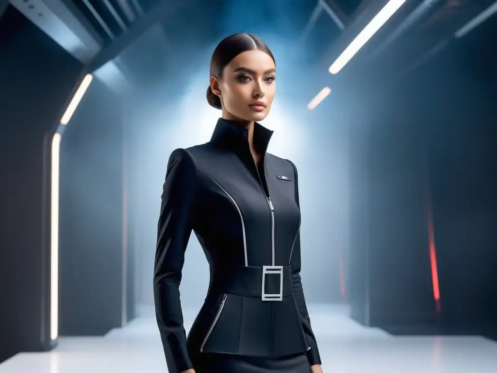 Moda futurista para petite: elegancia innovadora Una modelo petite luce un conjunto futurista en un entorno minimalista, resaltando los servicios personalizados moda petite