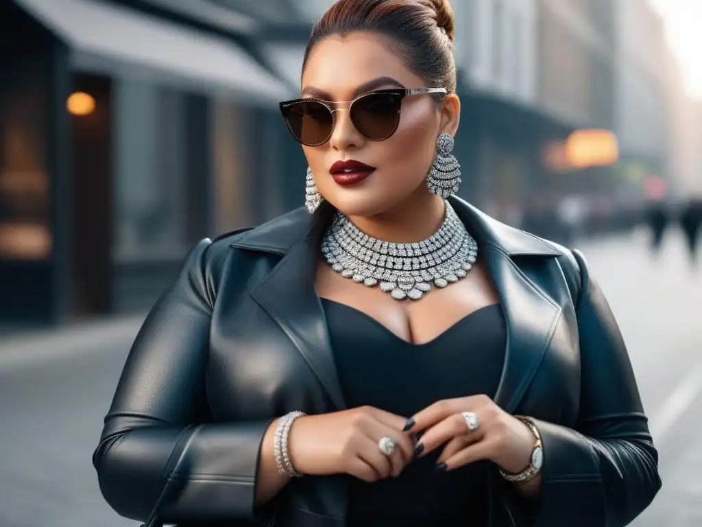Modelo plus size: estilo moderno y empoderamiento Una modelo plus size deslumbrante con accesorios para look plus size, irradiando confianza y estilo en un ambiente urbano moderno