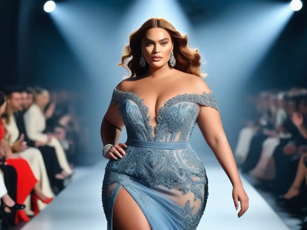 Modelo de tallas grandes deslumbra en pasarela con diseño exclusivo Una modelo plus size desfilando con elegancia en alta costura, rompiendo barreras en la moda