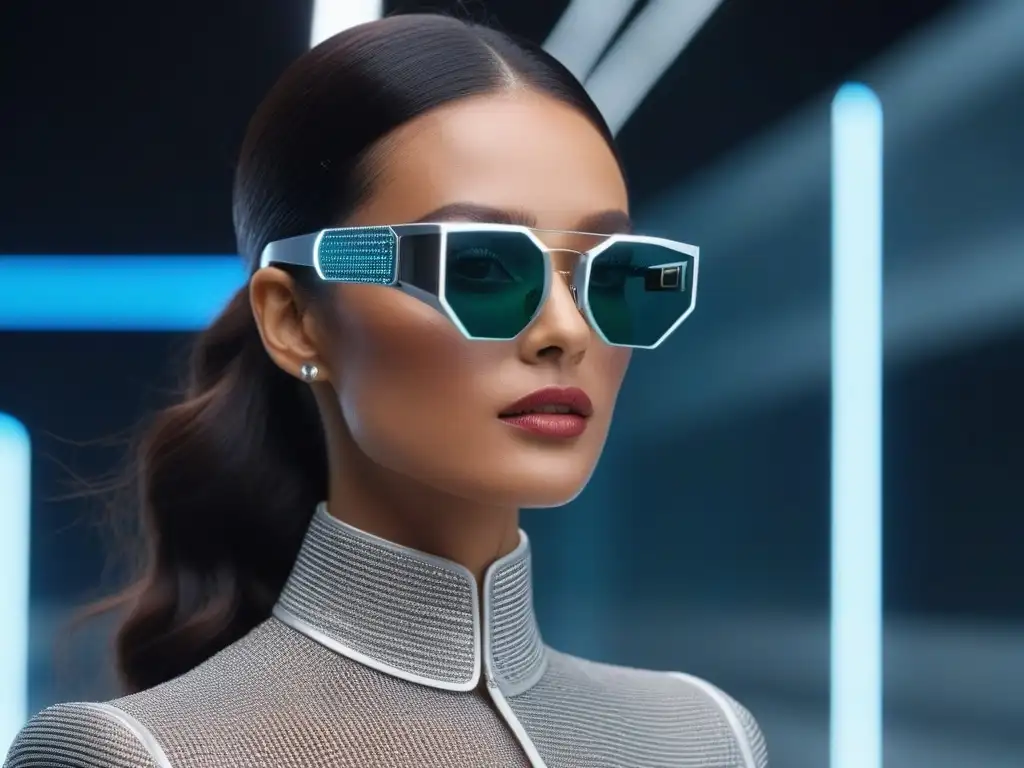 Desfile futurista: modelo con gafas inteligentes y alta moda Un modelo desfila con elegancia luciendo gafas inteligentes de diseño en una pasarela futurista iluminada
