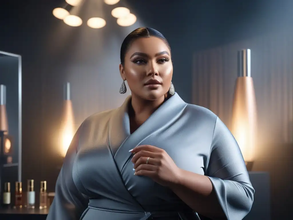 Modelo plus size: rutina de belleza de lujo Una modelo plus size muestra con elegancia una lujosa rutina de belleza rodeada de productos de alta gama