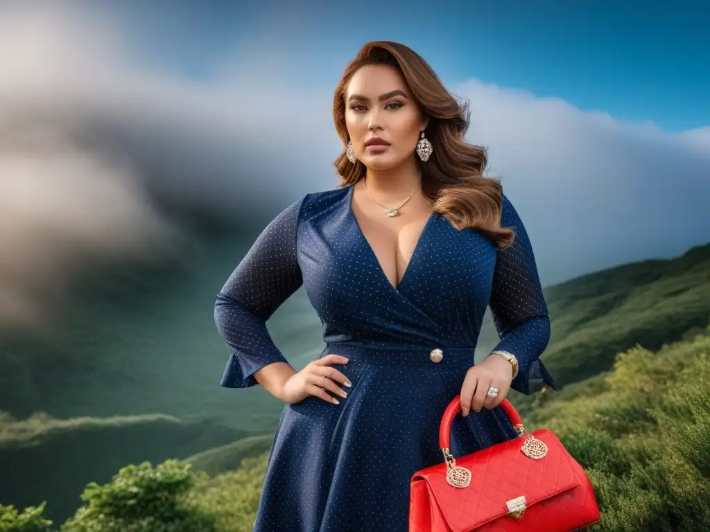 Modelo plus size deslumbra con elegancia y confianza en outfit perfecto Una modelo plus size segura posa con elegancia en un outfit estiloso, destacando accesorios que realzan su look