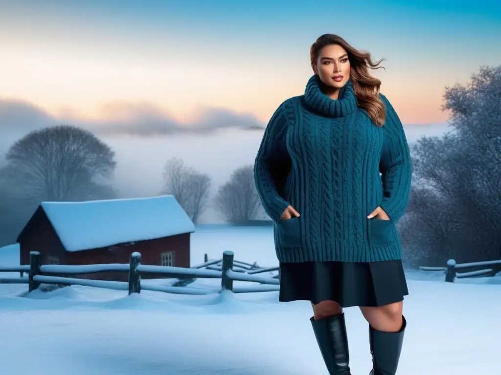 Sweater de tallas grandes: Elegancia invernal Una modelo plus size posa con elegancia en un suéter oversized frente a un paisaje urbano nevado al atardecer, mostrando estilo y confianza