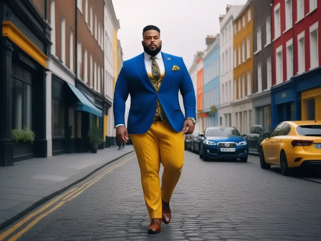 Modelo plus size deslumbra con outfit vibrante en la ciudad Un modelo plus size viste un elegante atuendo con combinación de colores en moda masculina, desfilando con confianza por la ciudad