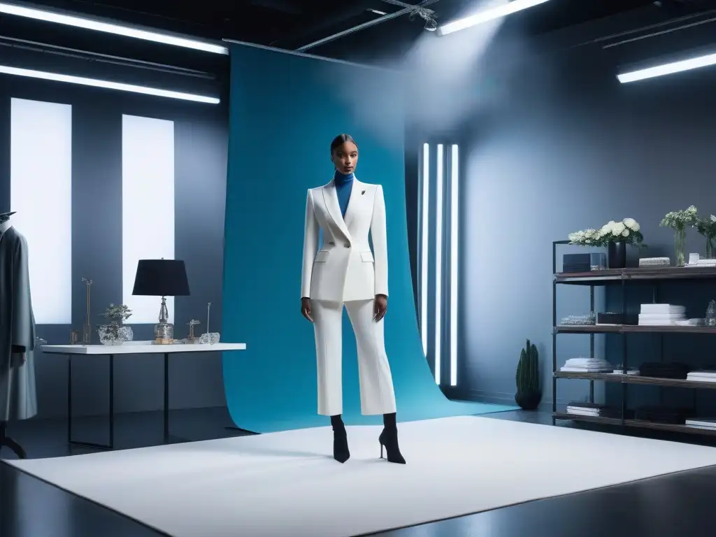 Estudio de moda futurista para personas altas: empoderamiento y estilo Un modelo elegante destaca en un estudio de moda futurista, reflejando la moda inclusiva para altos con estilo y empoderamiento