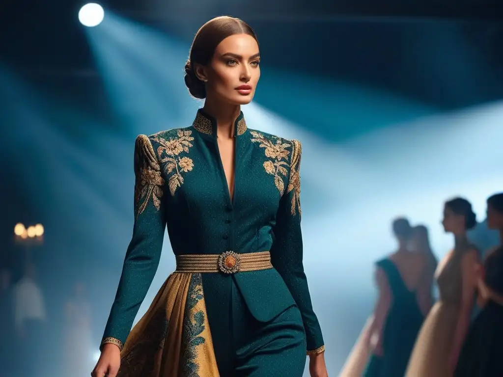 Elegante modelo desfila con confianza en pasarela de alta costura Un modelo elegante desfilando en pasarela con un atuendo moderno y sofisticado, destacando la moda para personas altas