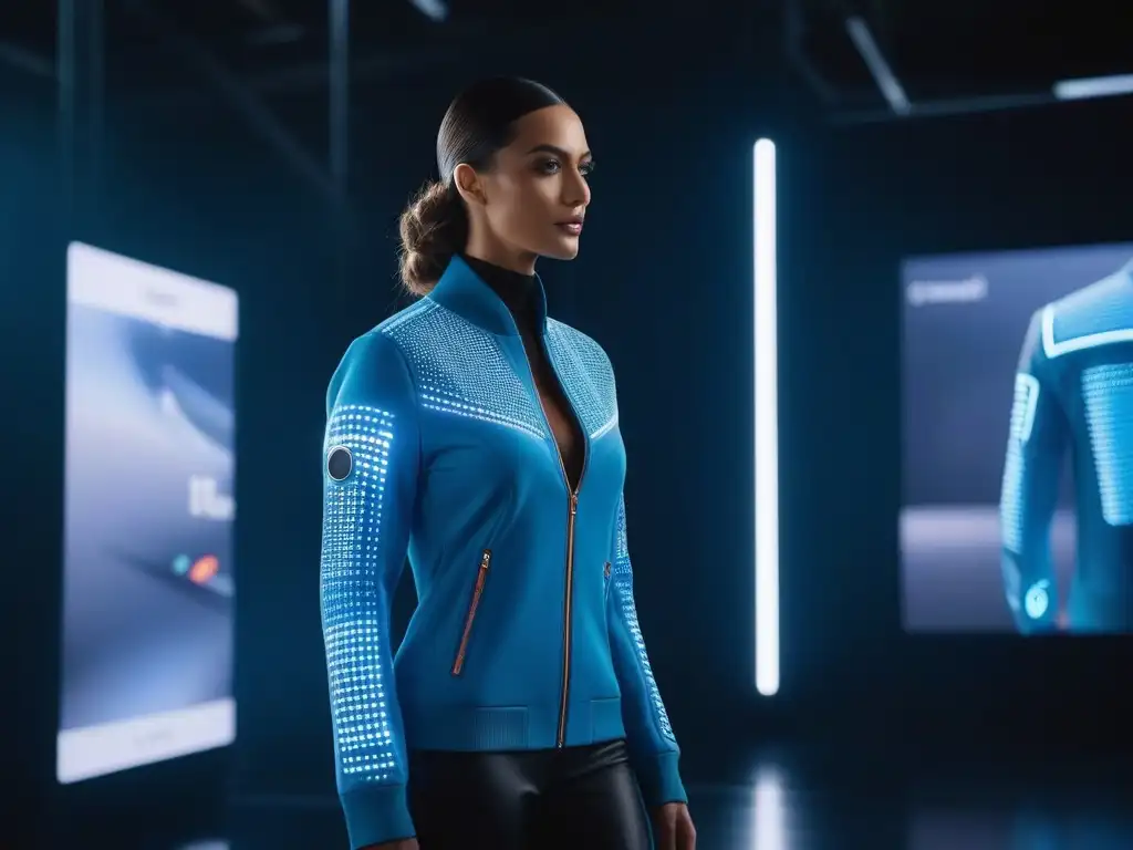 Chaquetas inteligentes: moda futurista con asistentes virtuales Un modelo desfila con un elegante saco inteligente en una pasarela futurista, conectando moda y tecnología