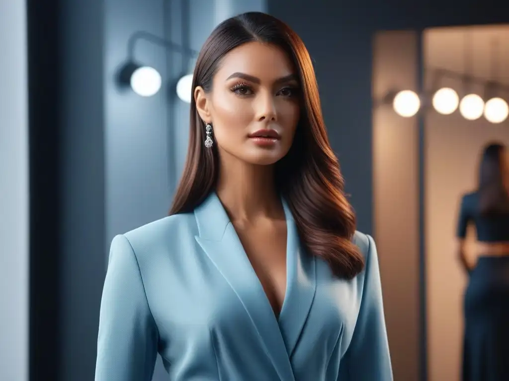 Belleza para altas: Modelo elegante en salón chic Una modelo elegante y segura de sí misma, con piel impecable y cabello brillante, en un salón de belleza chic