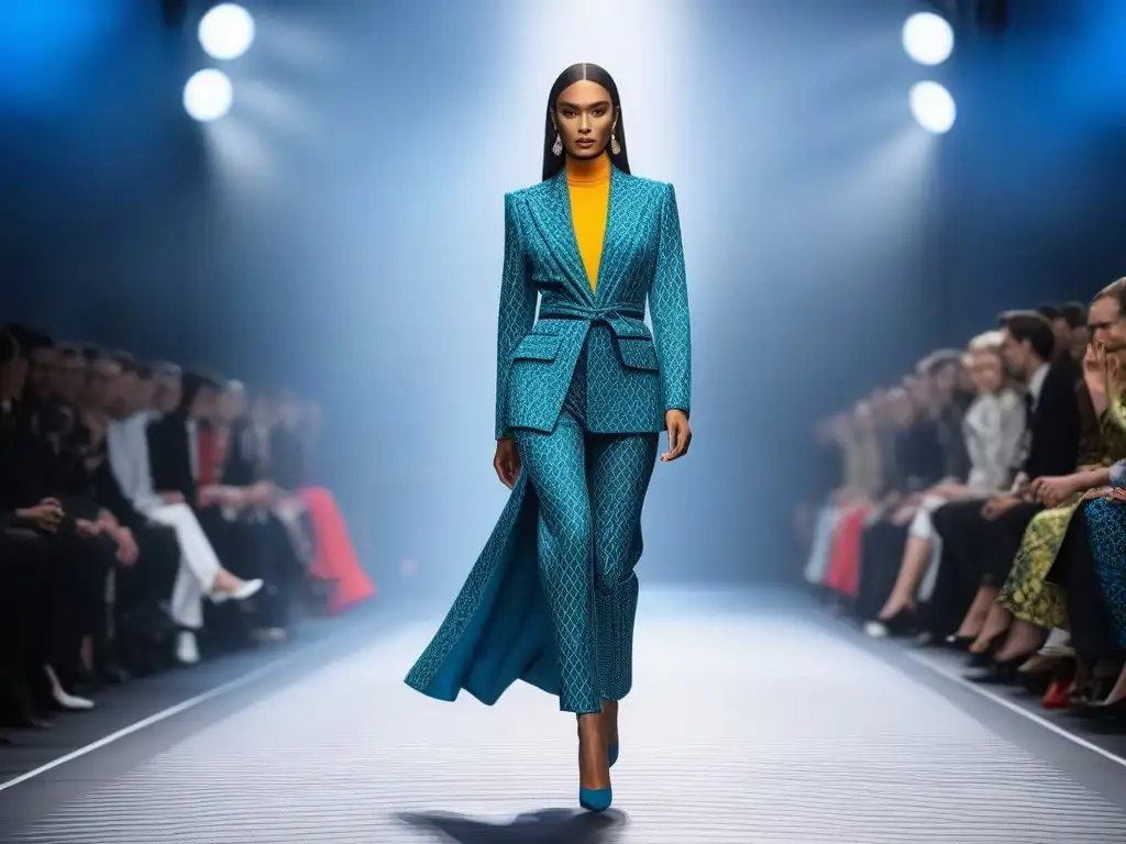 Desfile de moda 2023: Modelo alta y elegante con tendencias vibrantes Modelo elegante desfilando con tendencias moda 2023 en pasarela, colores vibrantes y patrones chic para personas tall
