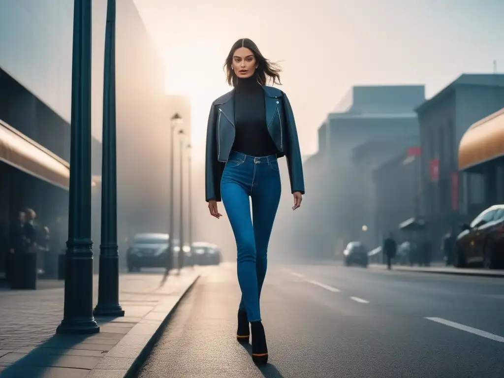 Modelo urbana luce jeans de diseñador en calle moderna Modelo elegante en vaqueros de diseñador, desfilando por la ciudad