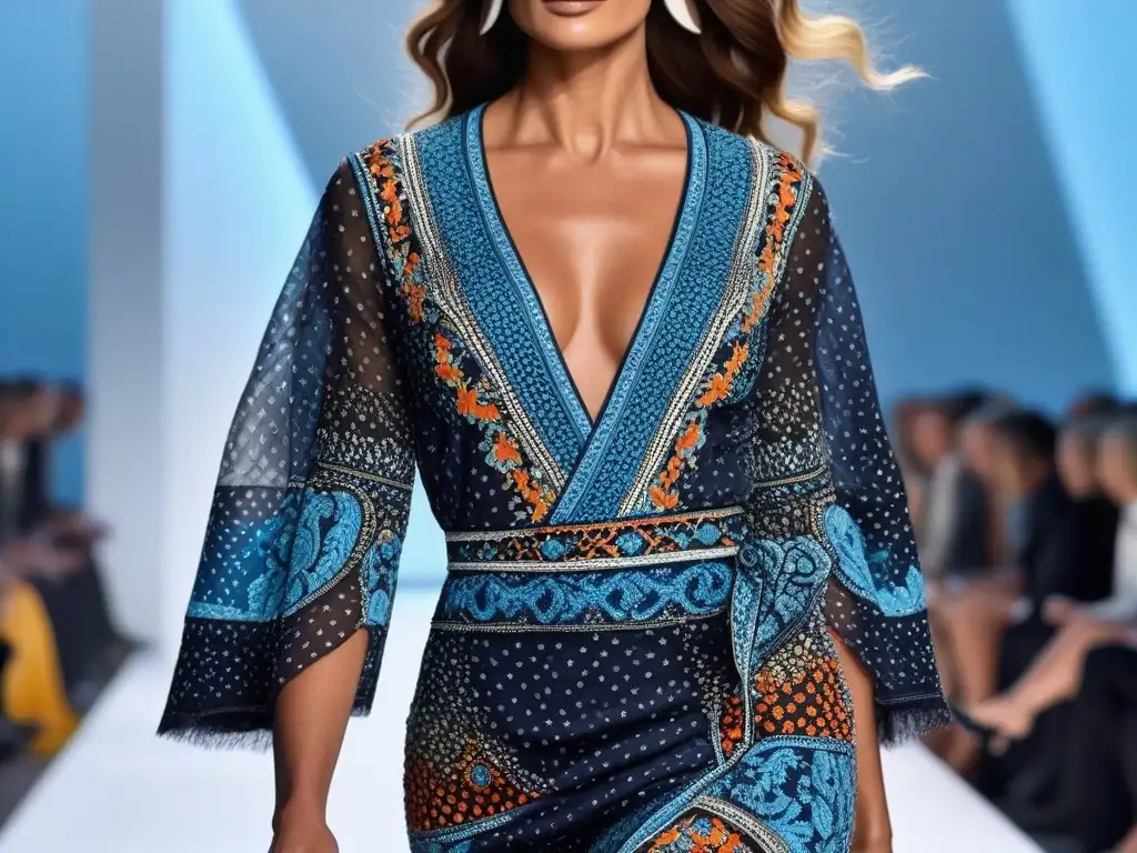 Diseño innovador en pasarela: vestido vibrante de Diane von Fürstenberg Una modelo desfila con un elegante vestido de Diane von Fürstenberg, destacando la innovación y la inclusión en la moda diversa