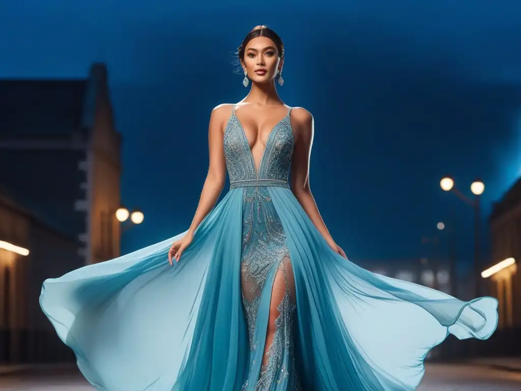Modelo elegante en vestido de noche, sofisticación y estilo Modelo elegante en vestido de noche largo destacando su altura