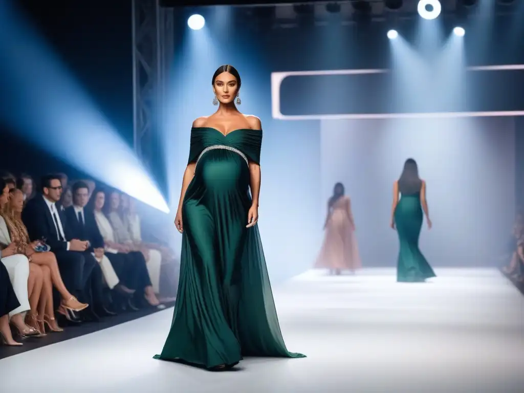 Desfile de moda: embarazada deslumbra con estilo y elegancia Una modelo embarazada desfila con confianza en una pasarela internacional, mostrando las últimas tendencias en moda maternal