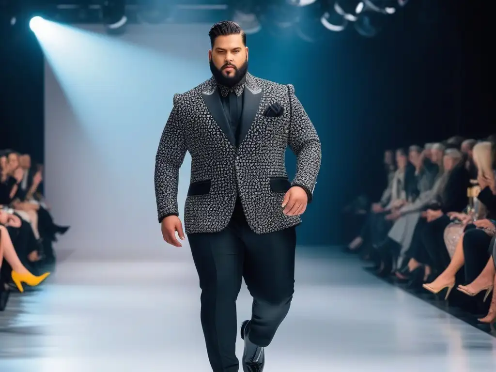 Desfile de moda inclusivo: modelo plus size rompe estereotipos con estilo Un modelo plus size desfila con estilo y confianza en la pasarela, rompiendo estereotipos