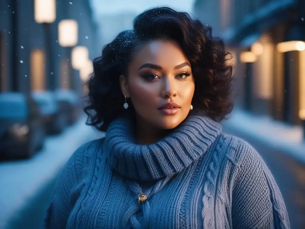 Sensual modelo plus size en suéter de punto oversized, elegante y acogedor Una modelo plus size posa con gracia en un suéter oversized de punto, rodeada de nieve y luces de la ciudad