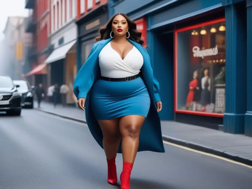 Modelo de tallas grandes inspirada en personajes de TV Una modelo plus size inspirada en tendencias de moda de la televisión, con un look moderno y seguro caminando por la ciudad