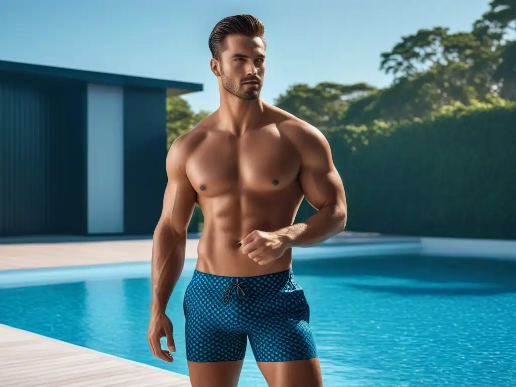 Swimwear de diseño moderno para cuerpo esbelto en ambiente de lujo Un modelo masculino delgado posa con confianza en traje de baño moderno que realza su figura