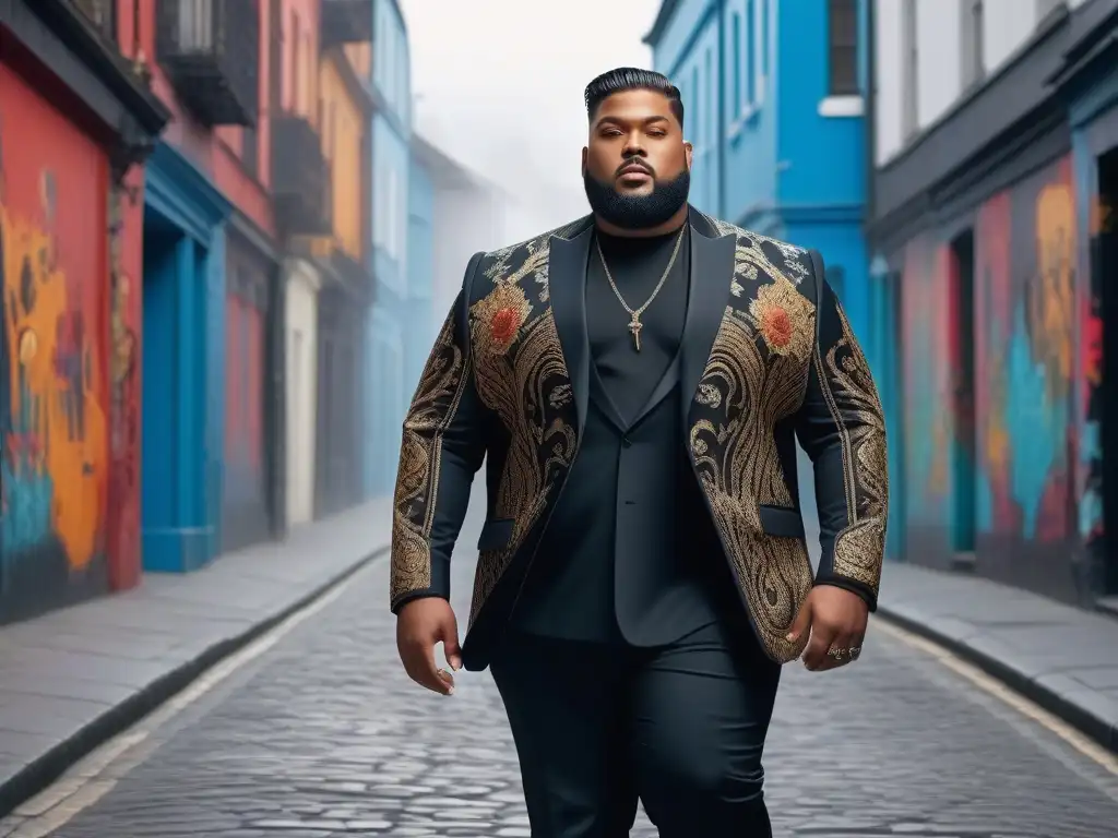 Modelo plussize confiado en la ciudad Un modelo plus size masculino seguro y a la moda camina por una calle urbana, rompiendo estereotipos