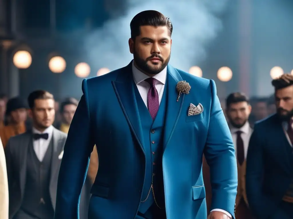 Desfile de moda: Modelo plus size con estilo y seguridad Un modelo masculino de talla grande desfila con confianza en un traje elegante en una pasarela, rodeado de una multitud diversa