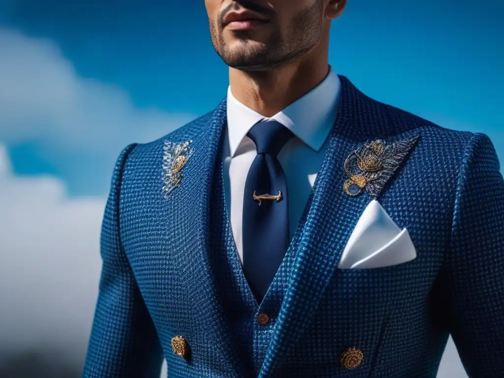 Traje masculino vibrante: mezcla de patrones y texturas Un modelo masculino con traje vibrante de patrones y texturas que encarna la moda masculina inclusiva