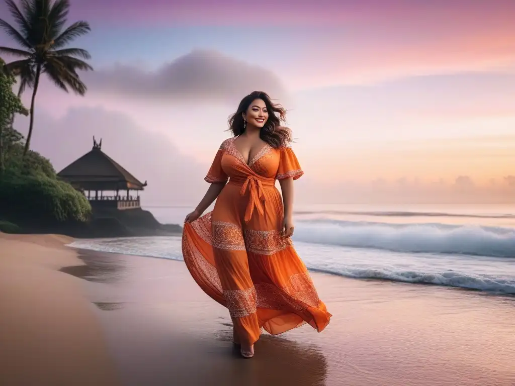 Modelo plussize en Bali: elegancia curvilínea en la playa Modelo plus size en Bali con moda y belleza para tallas plus, fusionando estilos balineses y contemporáneos en la playa al atardecer