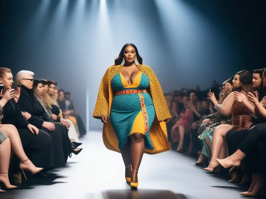 Desfile de moda: Modelo plus size deslumbra con estilo pop Una modelo de moda plus size desfila con confianza en un atuendo vibrante inspirado en la cultura pop, mientras una multitud diversa la aplaude