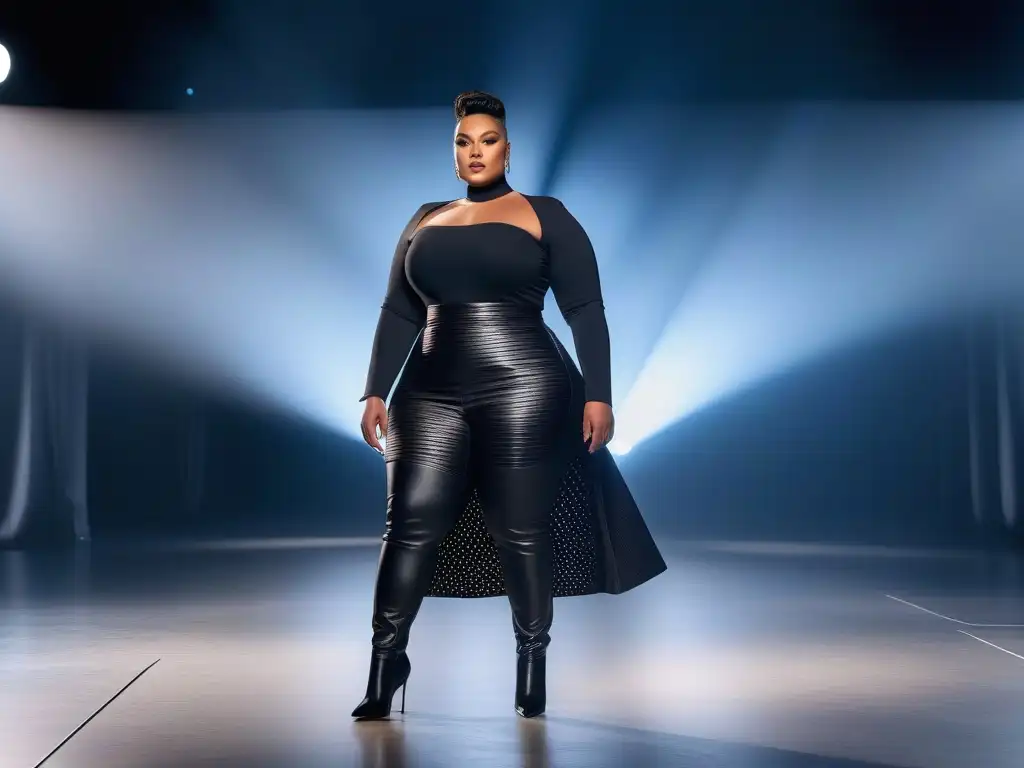 Desfile futurista: moda plus size innovadora en pasarela Una modelo de moda plus size desfila con confianza en una pasarela futurista, vistiendo un conjunto innovador de nuevos materiales