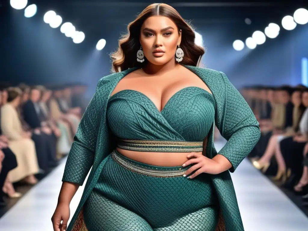 Desfile de moda plus size: innovación y diversidad en cada detalle Una modelo de moda plus size desfila con confianza en la pasarela, luciendo innovaciones y tendencias en la moda plus size