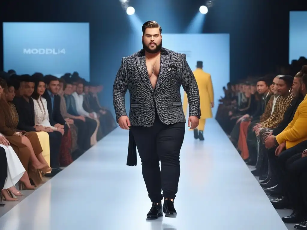 Modelo plus size desafiando estándares de belleza en pasarela Un modelo de moda plus size para hombres desfilando con estilo y confianza, desafiando estándares de belleza tradicionales