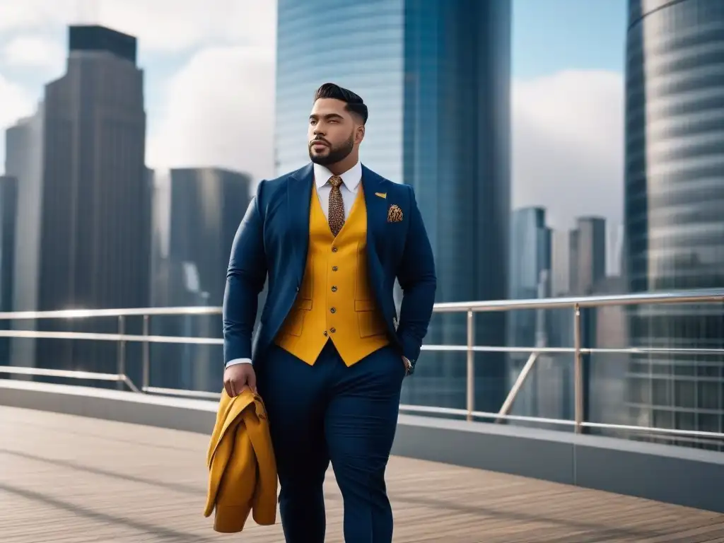Modelo plus size con estilo urbano y colores audaces Un modelo de moda masculina plus size viste con confianza una combinación de colores audaz en un entorno urbano elegante