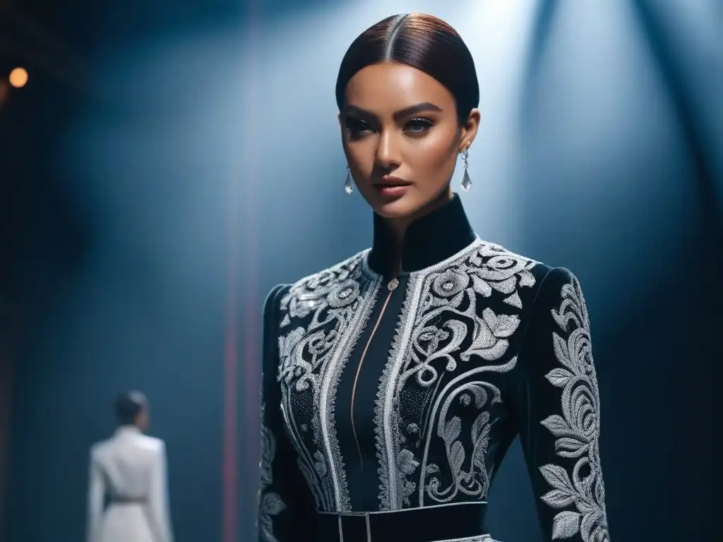 Modelo de pasarela con diseño exclusivo: moda para personas altas en 8k Una modelo de pasarela elegante luce una colaboración de moda tall 2021, irradiando estilo y confianza