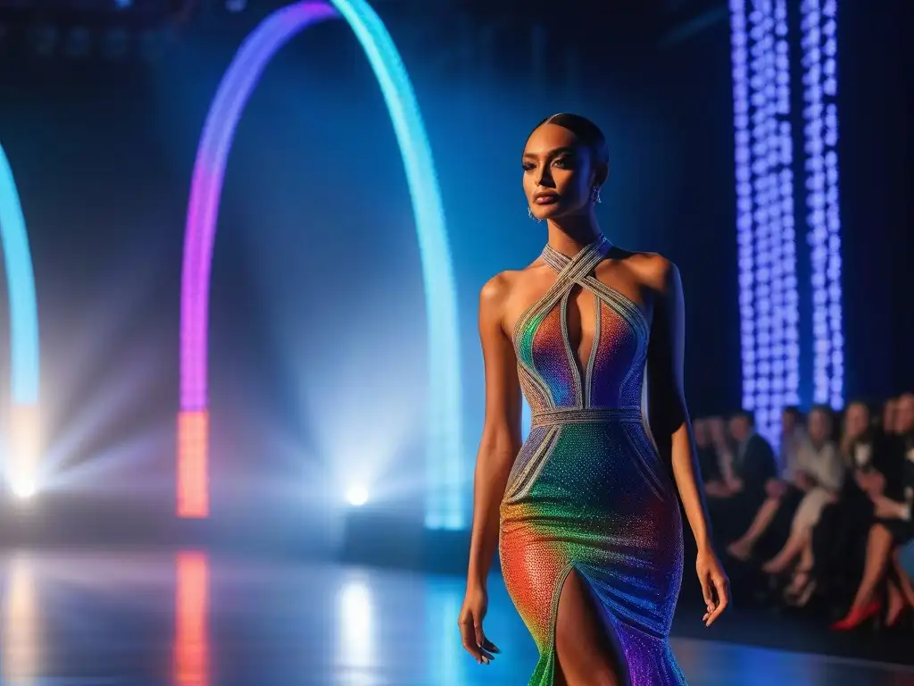 Deslumbrante desfile de moda con vestido LED de colores vibrantes Modelo deslumbra en pasarela con vestido LED de colores vibrantes, fusionando moda y tecnología