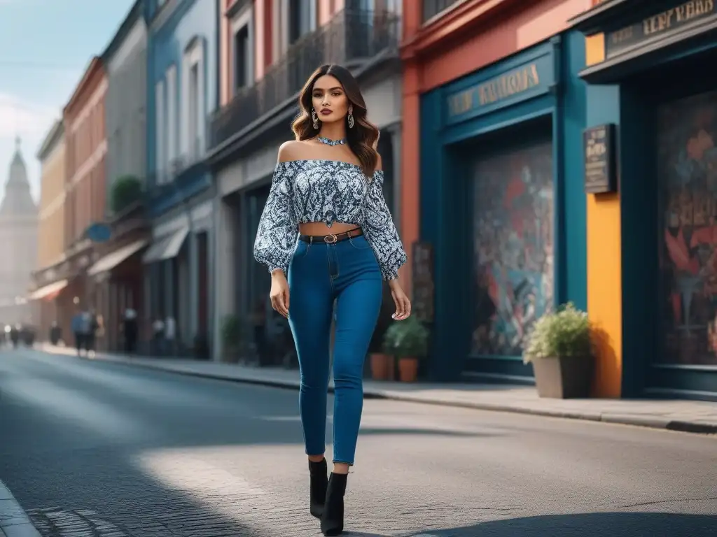 Icono de estilo: modelo petite deslumbrante en la ciudad Una modelo petite desfila con confianza por la ciudad luciendo un atuendo chic y moderno con patrones llamativos y colores vibrantes