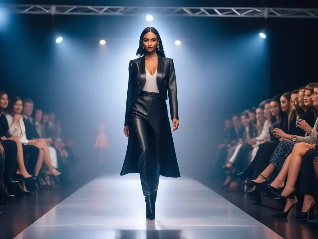 Desfile de moda para petites: empoderamiento y profesionalismo Una modelo petite desfila con confianza en colaboración moda tallas petite, irradiando profesionalismo y empoderamiento en pasarela chic y minimalista
