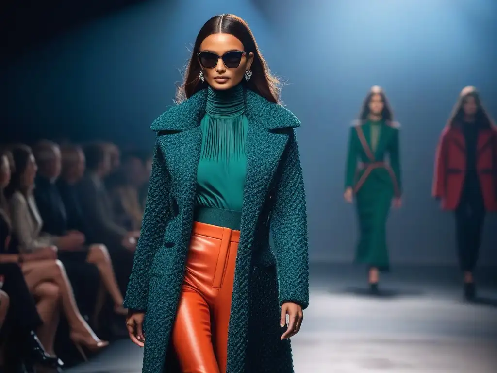 Pasarela de moda: Empoderamiento y estilo en colaboración petite Una modelo petite desfilando con confianza en una colaboración de moda, destacando detalles intrincados y colores audaces