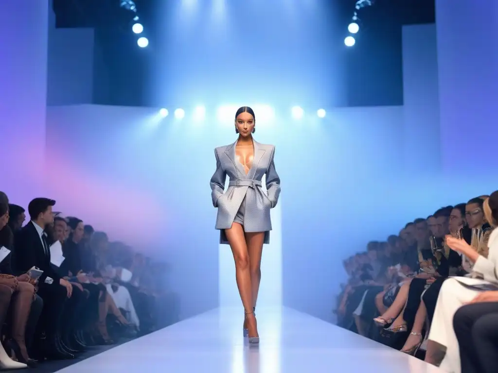 Modelo Petite deslumbra en pasarela con outfit innovador y elegante Una modelo petite desfila con confianza en una colaboración de moda, mostrando estilo, elegancia e innovación