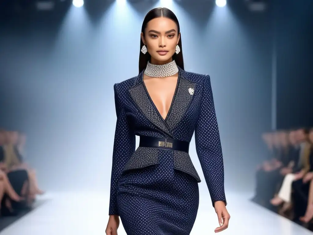 Modelo petite deslumbra en pasarela con elegancia y estilo Una modelo petite desfila con confianza en una colaboración de moda, fusionando estilo y elegancia