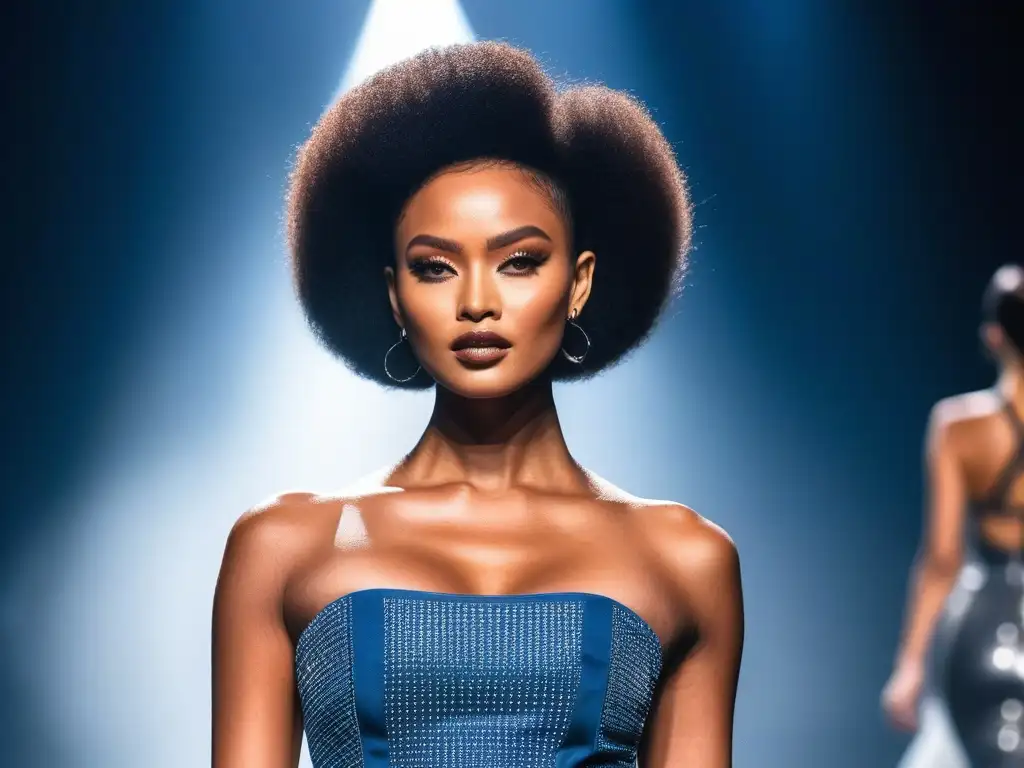 Desfile empoderador: modelo única en pasarela con diversidad Una modelo petite desfila con confianza en una pasarela, rodeada de profesionales de la moda aplaudiendo y tomando notas