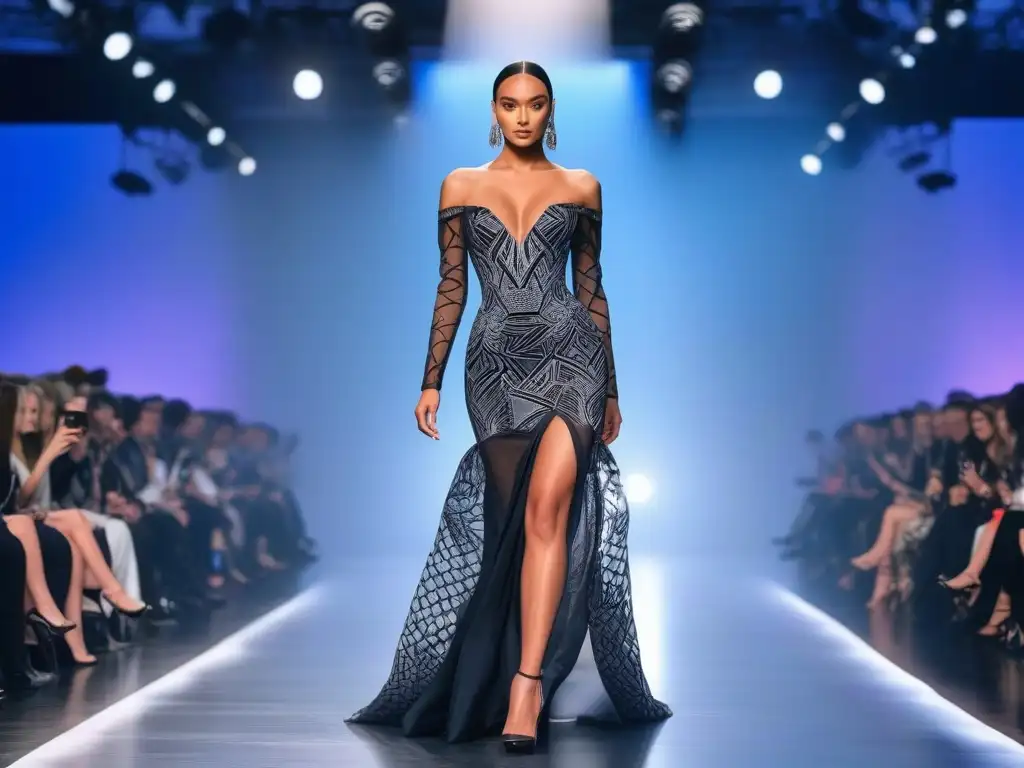 Desfile futurista: modelo petite en vestido de alta costura 3D Una modelo petite desfila con confianza en la pasarela futurista luciendo un vestido de alta costura creado con tecnología de impresión 3D
