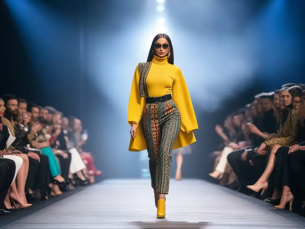 Modelo petite deslumbra en pasarela con conjunto vibrante Una modelo petite desfilando con confianza en pasarela, impacto visual colores estampados moda